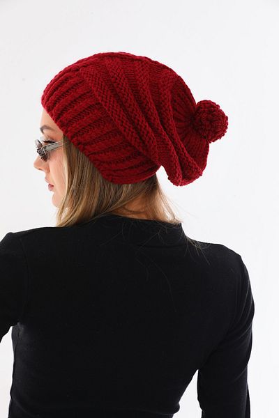 Ritagarcia Women's Thick Claret Red Knitted Pompom Beret