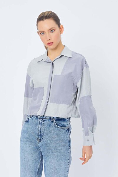 MDZ COLLECTION Kadın Gri Antrasit Parçalı Uzun Kollu Crop Cepsiz Trend Günlük...