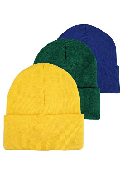 Ritagarcia Unisex Kışlık Sarı-yeşil-saks Katlamalı Bere 3'lü Set