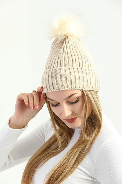 Ritagarcia Women's Winter Beige Pompom Knitwear Beret