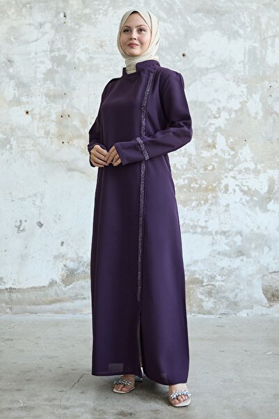 InStyle Stone Detailed Collar and Front Robe Plum Ferace
