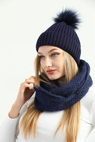 Ritagarcia Жіночий синій трикотажний капелюх з помпонами та в'язаний шарф