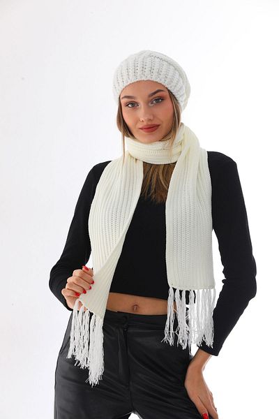 Ritagarcia Σετ Beanie Φουλάρι Πλεκτό Εκρού Πομπόν
