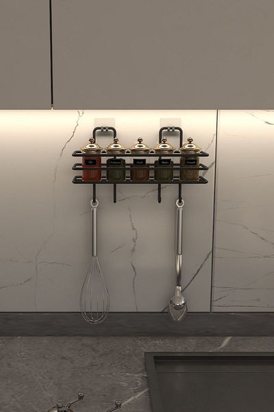 Alper Banyo Adhesive 4 Hooks Bathroom and Kitchen Organizer Matte Black Shower Hanger