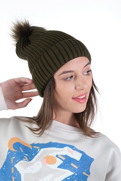 Ritagarcia Women's Khaki Winter Pompom Knitwear Beret