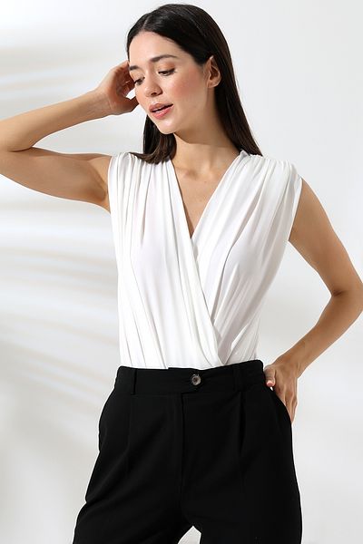 DWOZ Ecru Women's Knitted Blouse - Wrap Collar, Padded and Snap