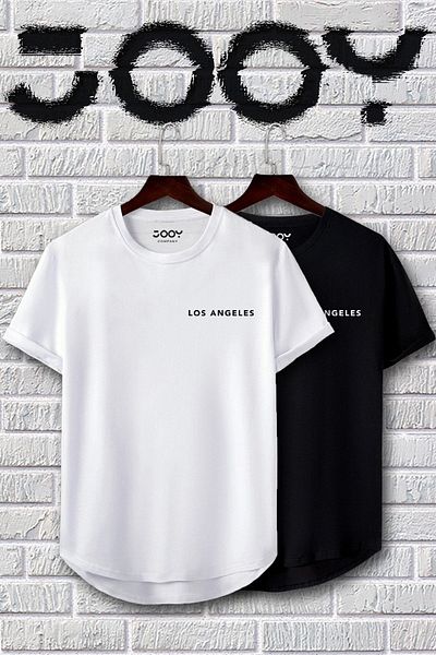 Jooy Company Los Angeles Μαύρο και άσπρο μπλουζάκι σε οβάλ κόψιμο Σετ 2 τεμαχίων