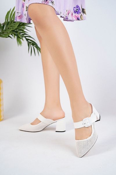 ZAPO Women's White Laser Perforated Heeled Casual Slippers