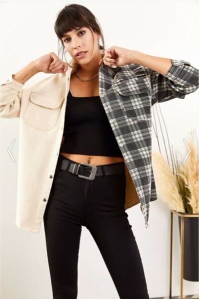 ESB Design Jachetă de blugi de damă, negru-bej, în carouri Boyfriend Oversize