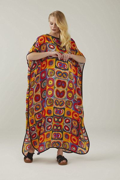 Deriderim Squares with Circles Print Unlined Summer Satin Women's Silk Dress