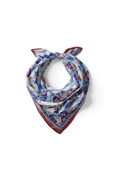 Bursa İpek Turquoise and Red Tile Tulip Patterned Silk Handkerchief