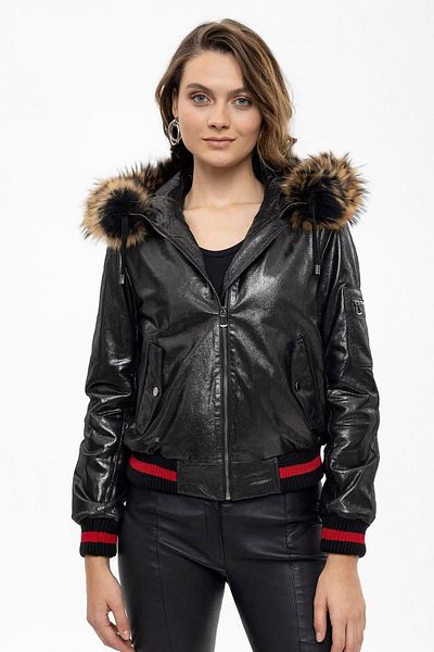 Deriderim Black Tracy Sleeve Ribbed Waist Lined Hooded Women's Genuine Leather Coat with Fur Edge