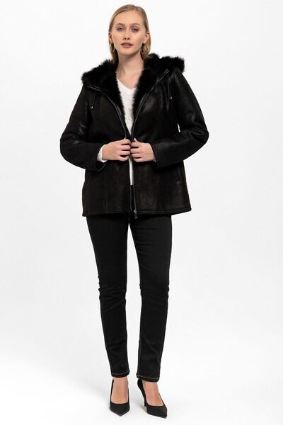 Deriderim Black Glitter Genuine Leather Fur Coat - Yenni