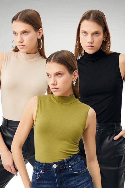 Bipantolon Cream Black Oil Green - Σετ Αμάνικο Γυναικείο Σώμα 3 τεμαχίων