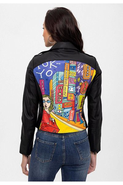 Deriderim Black Tokyo Printed Snap Detailed Side Zipper Biker Biker Genuine Leather Women's Coat