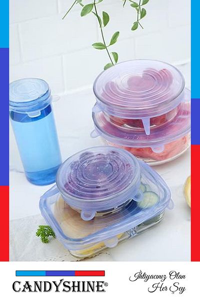 CandyShine Silicone Stretch Cover Cup Lid Food Cap Storage Container 6 Pieces
