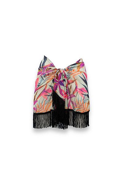 pistore Purple Leaf Patterned Chiffon Short Tassel Pareo Tie Women's Beach Dress New Season 95*145 Cm