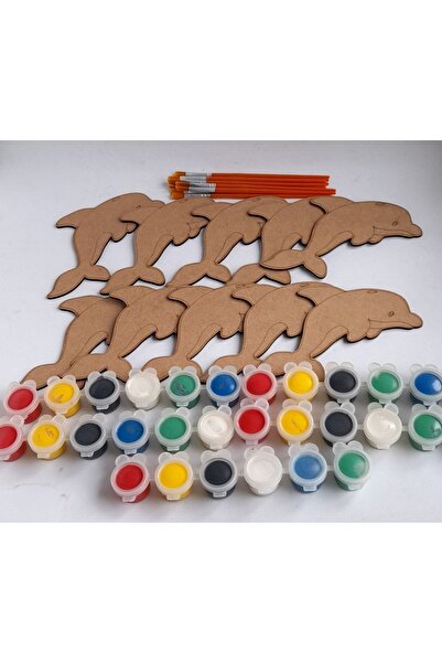 Ebrulisler 10 Adet Yunus Ahşap Boyama Çocuk Yaz Okulu Kurs Aktivite Sanat Etkinliği 5 Boya 10 Fırça Hobi Seti