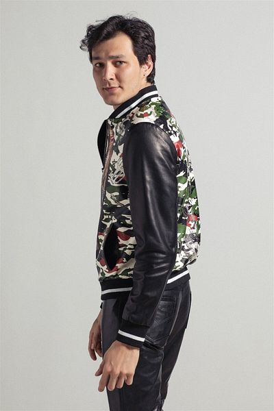 Deriderim Black Skull Pattern Printed Waist and Sleeve Knitted Lined Zippered Men's Genuine Leather Bomber Coat