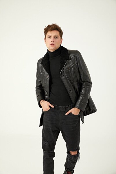 Deriderim Black Furry Inside Pocket Unlined Button Closure Slim Fit Jasper Men's Genuine Fur Coat