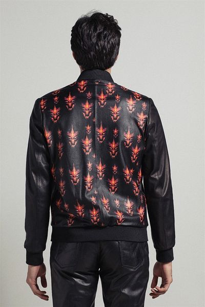 Deriderim Black Flame Printed Men's Genuine Leather Bomber Coat with Knitted Waist and Sleeve Lining and Zipper