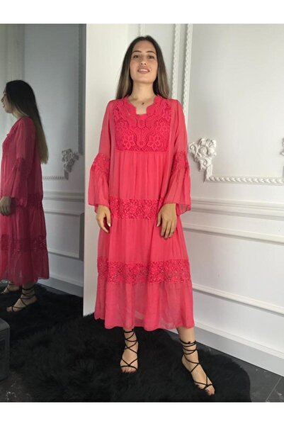 Bohemian Women's Pomegranate Lace Detailed Silk Dress