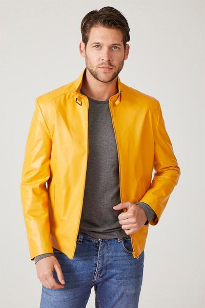 Deriderim Yellow Ikigai Custom Hand Drawing London Digital Printed Zippered Lined Men's Genuine Leather Jacket
