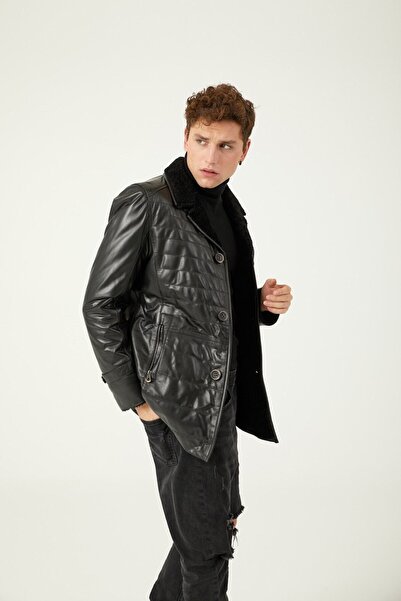 Deriderim Black Furry Inside Pocket Unlined Button Closure Slim Fit Jasper Men's Genuine Fur Coat