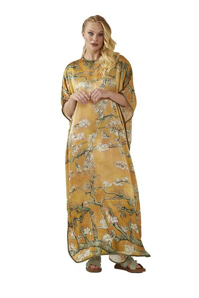 Deriderim Yellow Almond Blossoms Print Unlined Summer Satin Women's Silk Dress