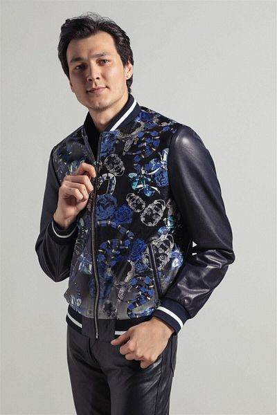 Deriderim Black Blue Skull Pattern Digital Printed Zippered Genuine Men's Leather Coat with Waist and Sleeve Knitwear