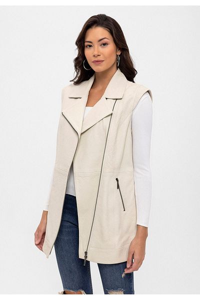 Deriderim White Maude Knitted Sleeves Detachable Long Zippered Lined Genuine Leather Women's Vest