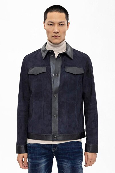 Deriderim سترة من جلد الغزال غير المبطنة مع إغلاق سريع باللون الأزرق الداكن