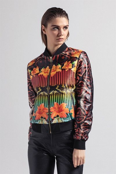 Deriderim Black Colored Front and Back Flower Sleeves Snake Printed Waist and Sleeve Ribbed Women's Genuine Leather Coat