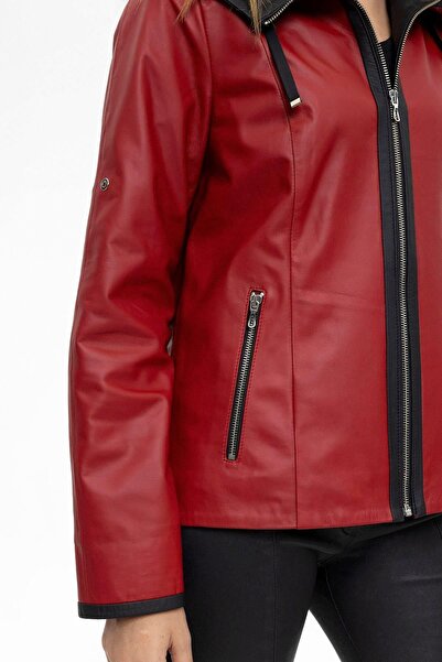 Deriderim Kırmızı Marc Fermuarlı Geniş Kesim Kadın Hakiki Deri Mont