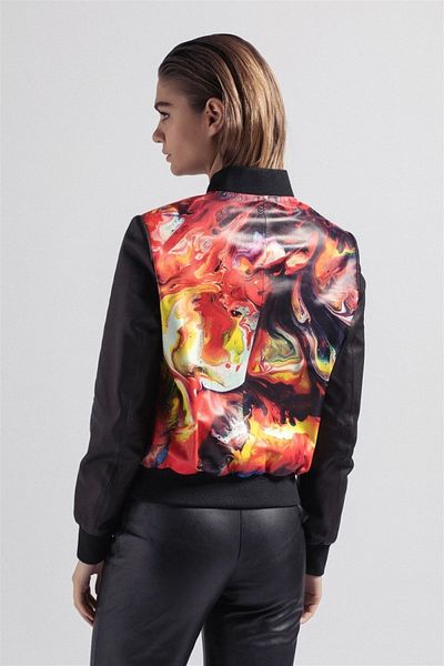 Deriderim Black Red Front and Back Tiger Printed Waist and Sleeve Ribbed Sports Short Women's Genuine Leather Coat