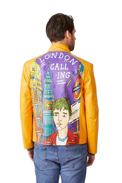 Deriderim Yellow Ikigai Custom Hand Drawing London Digital Printed Zippered Lined Men's Genuine Leather Jacket