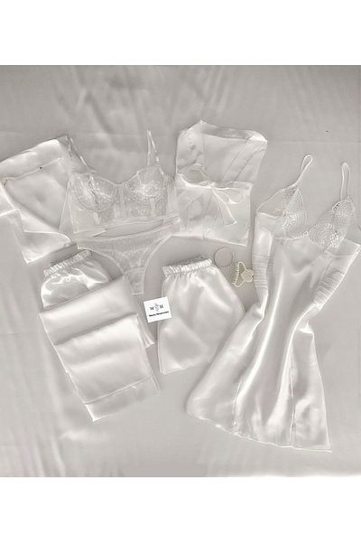MH Moony Homewears Κουτιά 7 τεμαχίων Angel Satin Λευκό Νυχτικό Πιτζάμες Σετ προίκας Giant