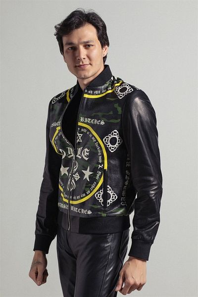 Deriderim Black Camouflage And Geometric Digital Printed Sleeves And Ribbed Waist College Men's Genuine Leather Coat