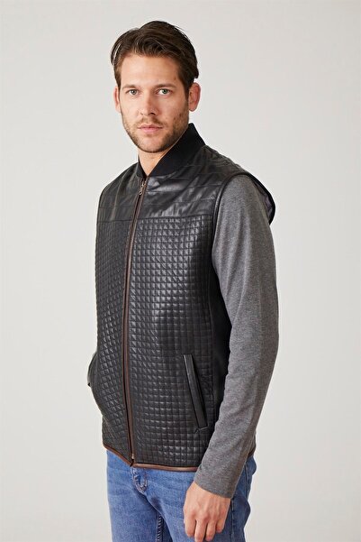 Deriderim Мъжки елек от естествена кожа с цип, ватиран и шевен, с черен цип от Nigel Black