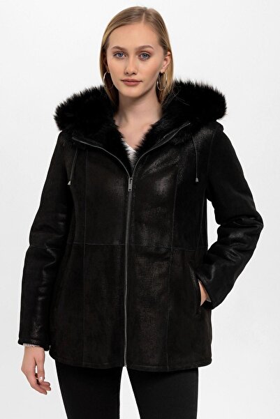 Deriderim Black Glitter Genuine Leather Fur Coat - Yenni