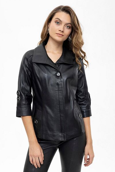 Deriderim Black Apple Three-Quarter Sleeve Perforated Garnished Women's Genuine Leather Coat with Zipper and Button Closure