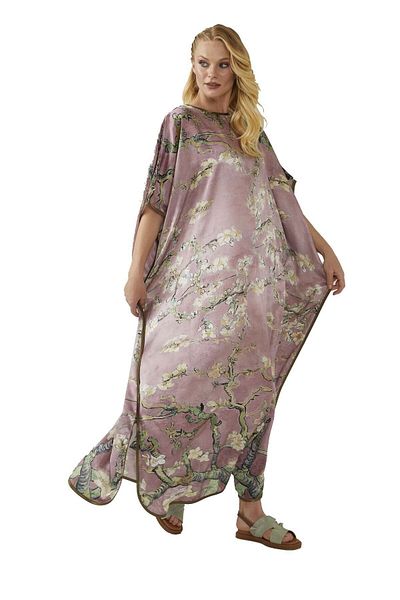Deriderim Pink Almond Blossoms Print Unlined Summer Satin Women's Silk Dress
