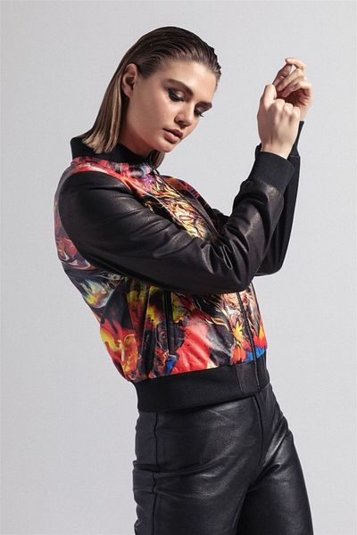 Deriderim Black Red Front and Back Tiger Printed Waist and Sleeve Ribbed Sports Short Women's Genuine Leather Coat