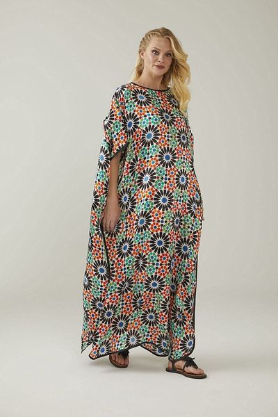 Deriderim Blue Black Elhamra Patterned Unlined Summer Satin Women's Silk Dress