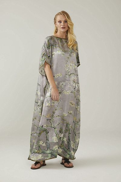 Deriderim Gray Almond Blossoms Print Unlined Summer Satin Women's Silk Dress