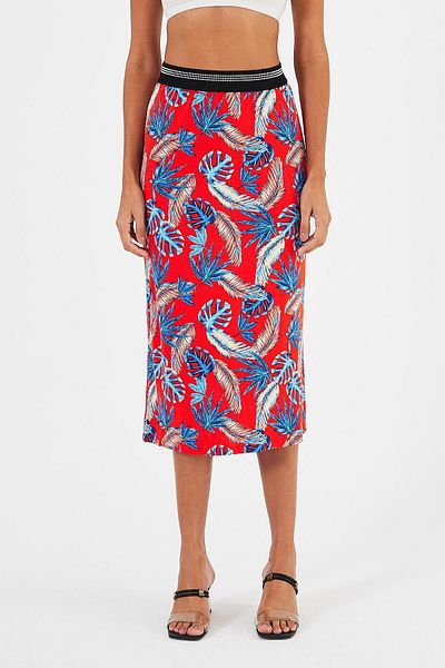 Penyelux Red Floral Patterned Cotton Women's Long Skirt - Elastic Waist