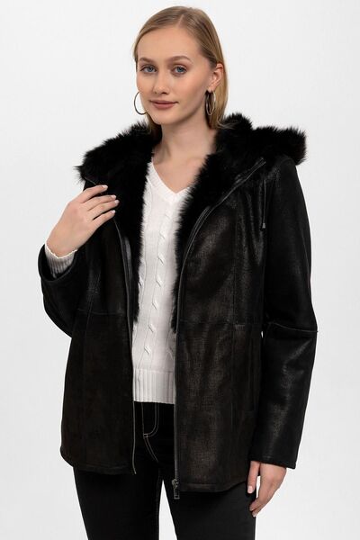 Deriderim Black Glitter Genuine Leather Fur Coat - Yenni