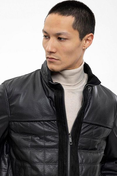 Deriderim Black Riley Square Embroidered Men's Leather Coat with Sleeves and Waist Knitwear