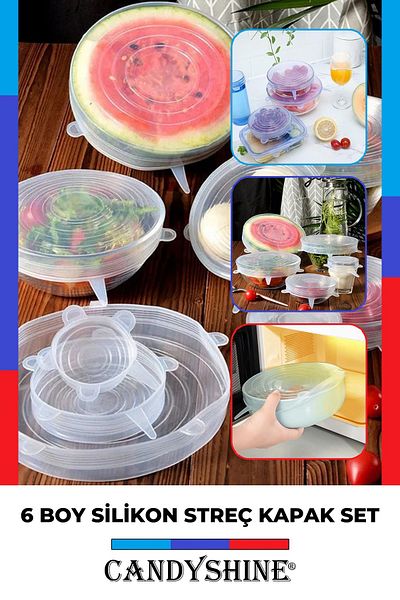 CandyShine Silicone Stretch Cover Cup Lid Food Cap Storage Container 6 Pieces