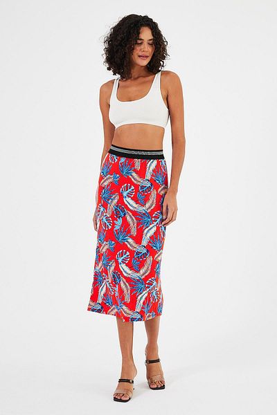 Penyelux Red Floral Patterned Cotton Women's Long Skirt - Elastic Waist